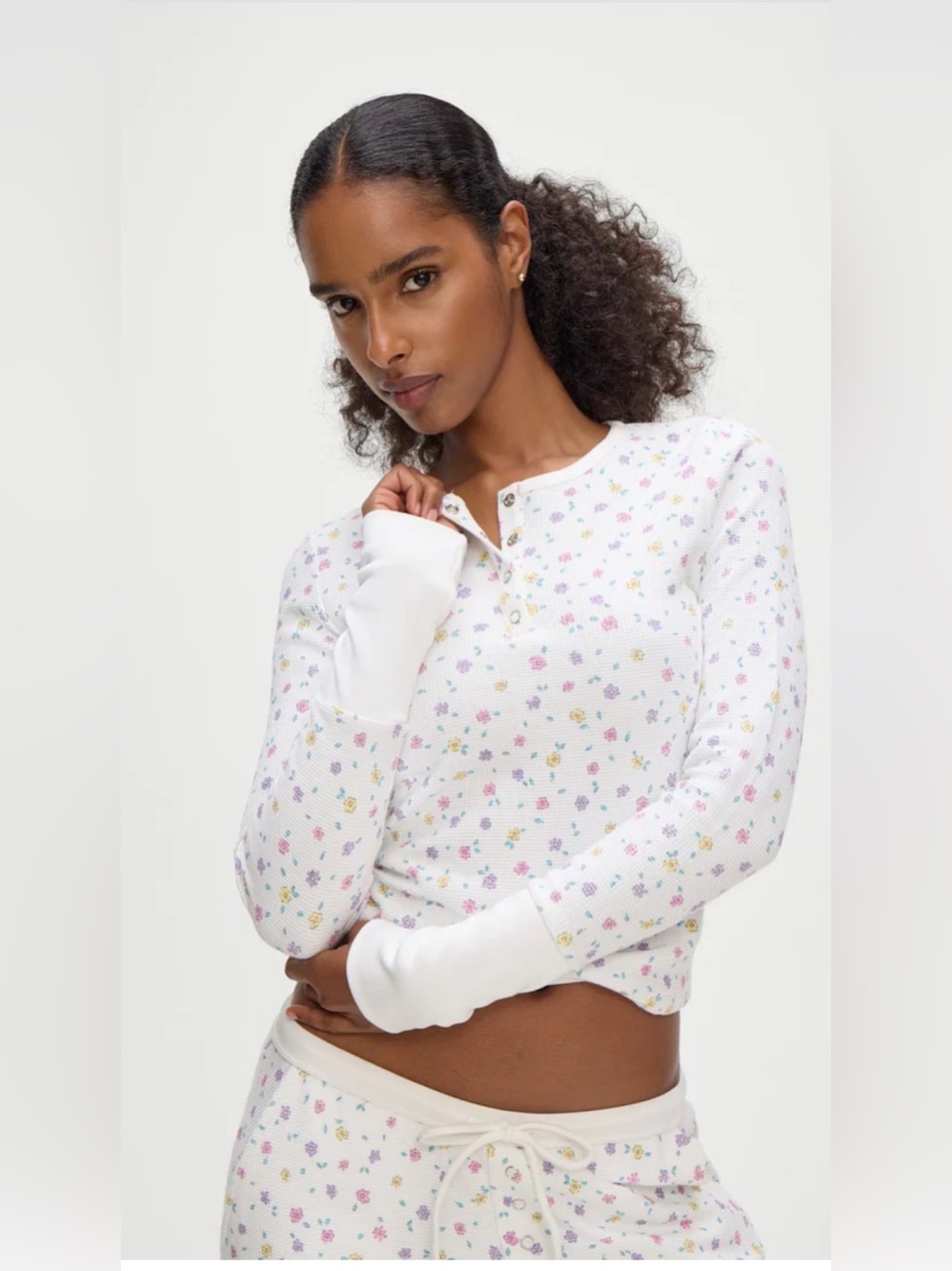 Frankie's Bikinis Nate White Floral Waffle Henley Long Sleeve Top boho cottage